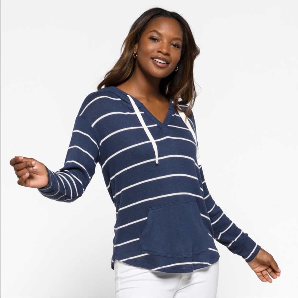 Market & Spruce Kallon Brushed Knit Hoodie Sweatshirt Navy White Kangaroo Pocket